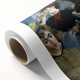 Art Deco style poster of a tranquil park scene on rolled canvas, featuring soft green and beige tones.