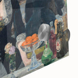 Close-up of a large abstract wall art by Edouard Manet in mid-century modernist style, featuring muted earth tones.