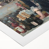 Art deco poster of a vibrant, colorful street scene on rolled canvas, suitable for dining room wall art.