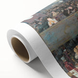 Art Deco style poster of a tranquil lake scene in soft pastel blues and greens, printed on rolled canvas.