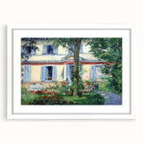 Abstract art print of a colorful Edouard Manet design in a white frame, suitable for bedroom or dining room decor.