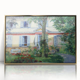 Mid-century modernist art print of Édouard Manet's work on a large acrylic gold-framed canvas, in muted earth tones.
