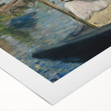 Art Deco poster featuring a vibrant palette of blues and greens on rolled canvas, suitable for dining room wall art.