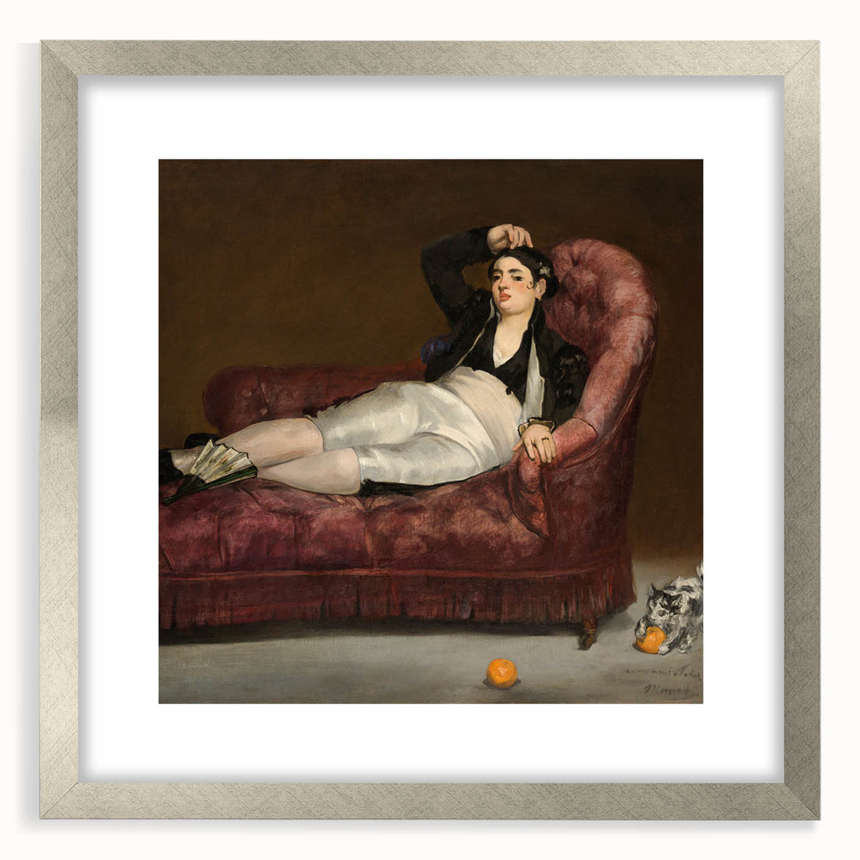 Textured abstract art print of Edouard Manet's work in a silver frame, featuring muted earth tones, ideal for bedroom art.