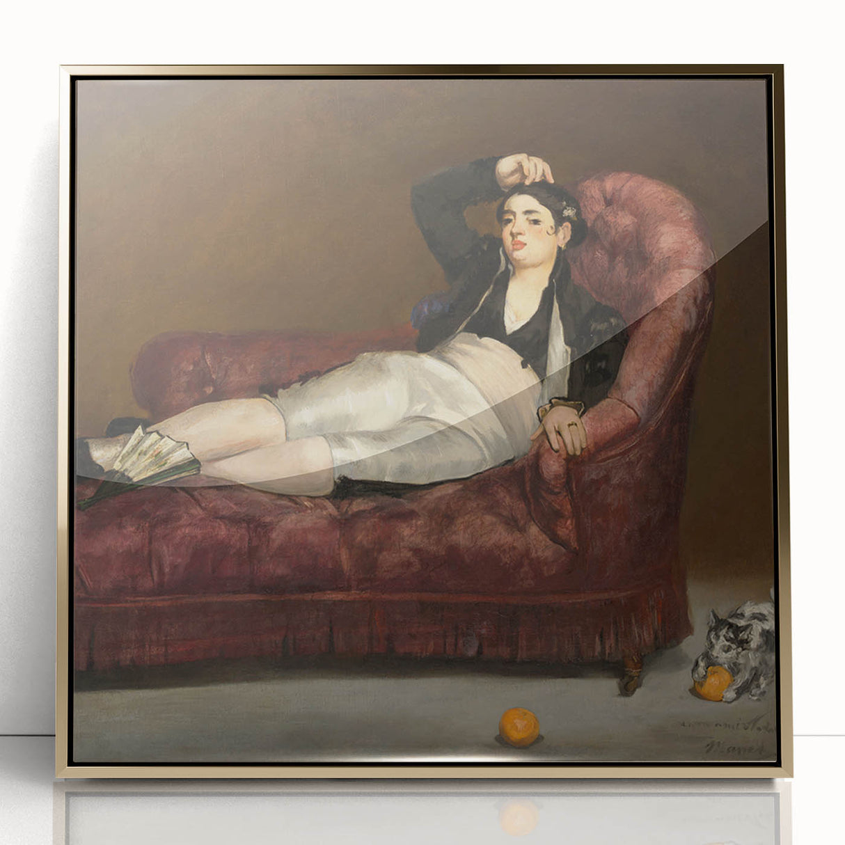 Edouard Manet painting, 'Bar at the Folies-Bergère', framed in gold acrylic, featuring mid-century modernist style.