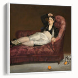 Vintage poster art of a colorful Edouard Manet painting, black-framed canvas, ideal for living room decor.