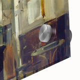 Mid-century modernist style large abstract art print of a café scene in muted earth tones on acrylic glass.