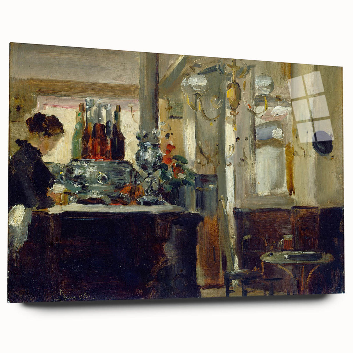 Side view of an Edouard Manet-inspired large abstract wall art on acrylic glass, featuring muted earth tones.