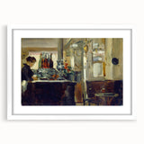 Abstract art print of a cityscape in muted gray and blue tones on a framed white canvas, ideal for dining room decor.