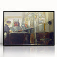 Large abstract wall art depicting a mid-century modernist scene in muted earth tones, framed in black acrylic.