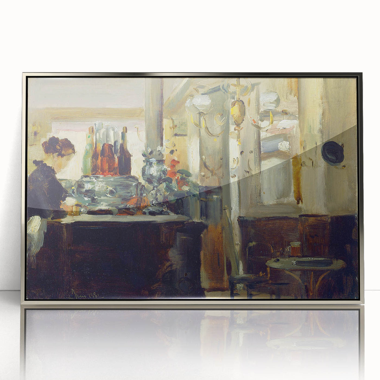 Mid-century modernist art by Édouard Manet featuring a silver-framed acrylic print of a café scene in muted colors.