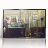 Mid-century modernist art by Édouard Manet featuring a silver-framed acrylic print of a café scene in muted colors.