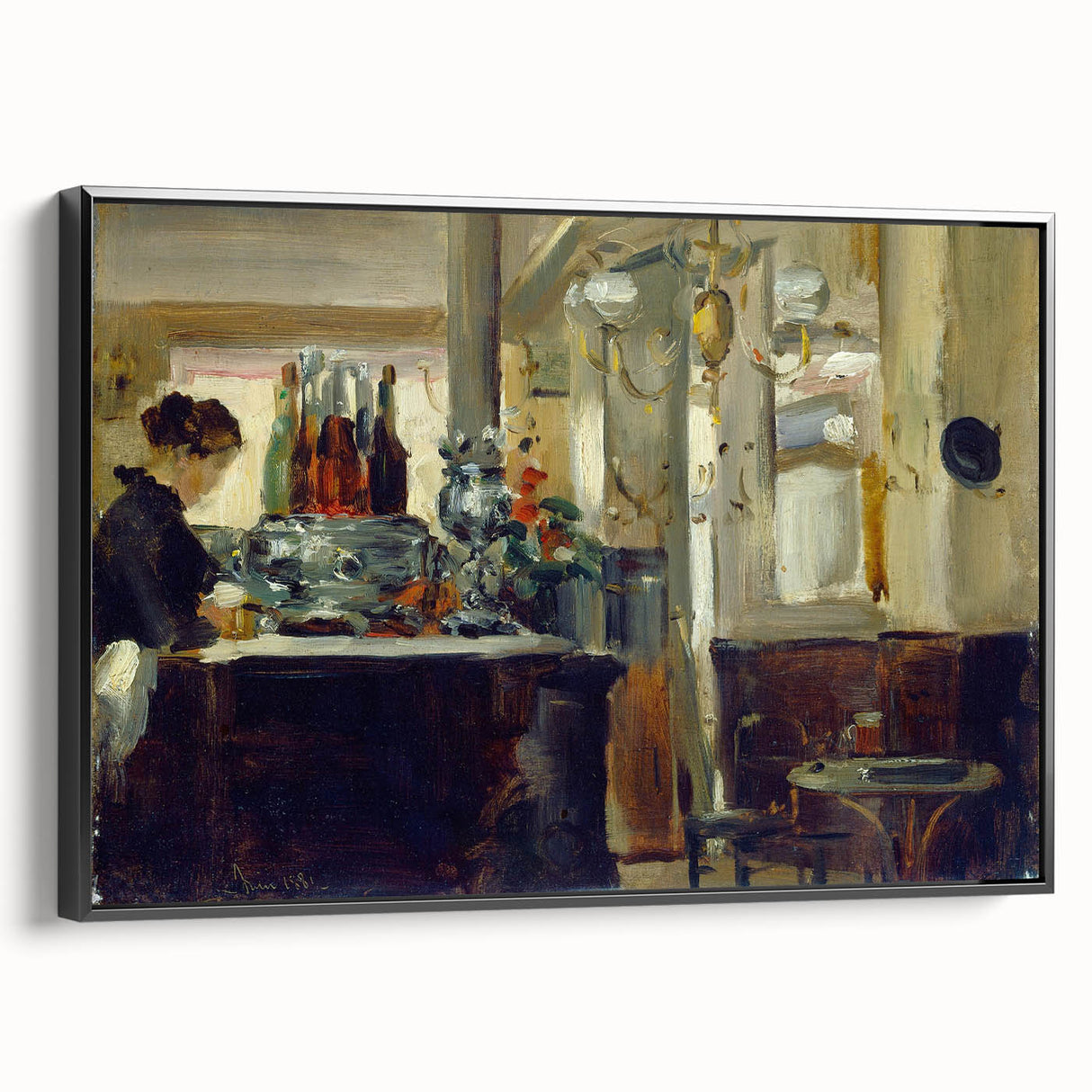 Black and white framed canvas of a vintage landscape painting, ideal for bedroom wall decor.