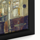 Close-up of a black framed canvas featuring a textured, colorful Impressionist-style painting, ideal for living room decor.