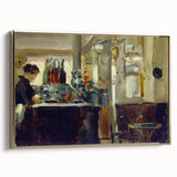 Vintage poster-style landscape painting on a framed canvas, featuring muted earth tones, ideal for bedroom wall decor.