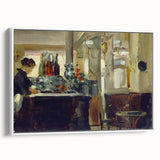 Vintage poster art of Edouard Manet's work on a white framed canvas, featuring a black background with colorful details.