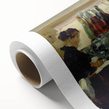 Art deco style poster of a vibrant, multicolored abstract design on rolled canvas.