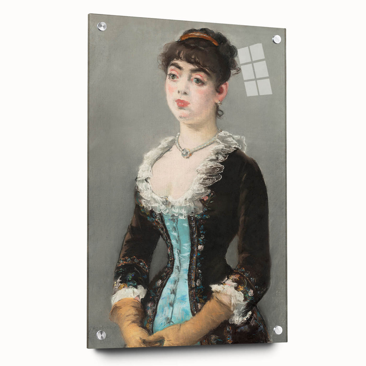 Side view of an Edouard Manet acrylic glass print featuring muted tones, ideal for dining room decor.