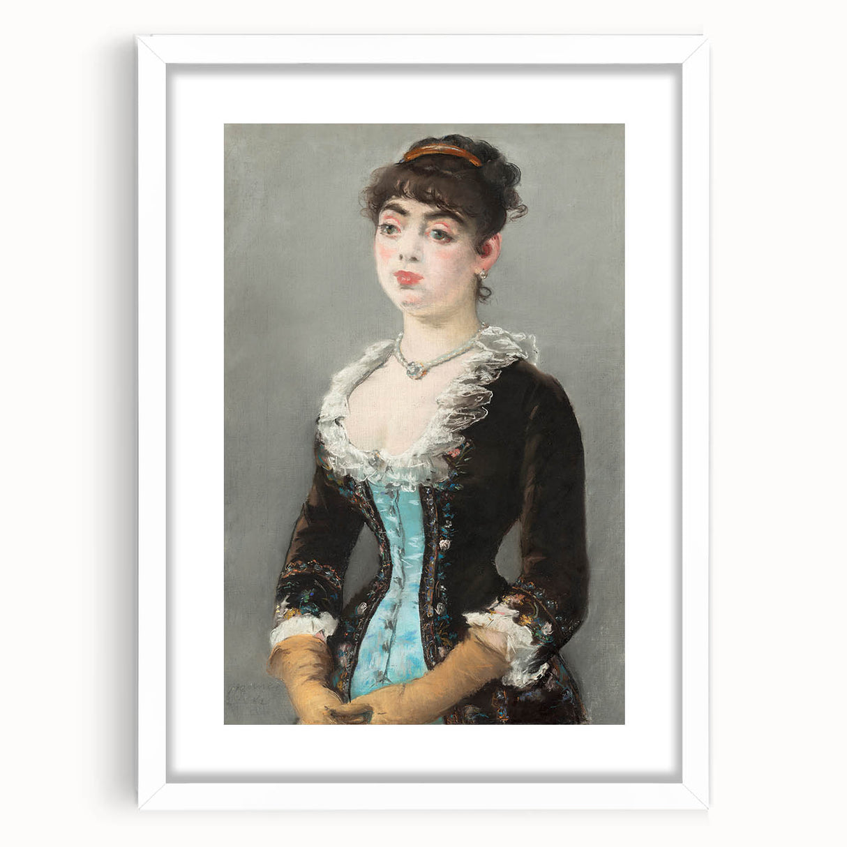Abstract art print of Edouard Manet's work in muted tones on a white-framed canvas.