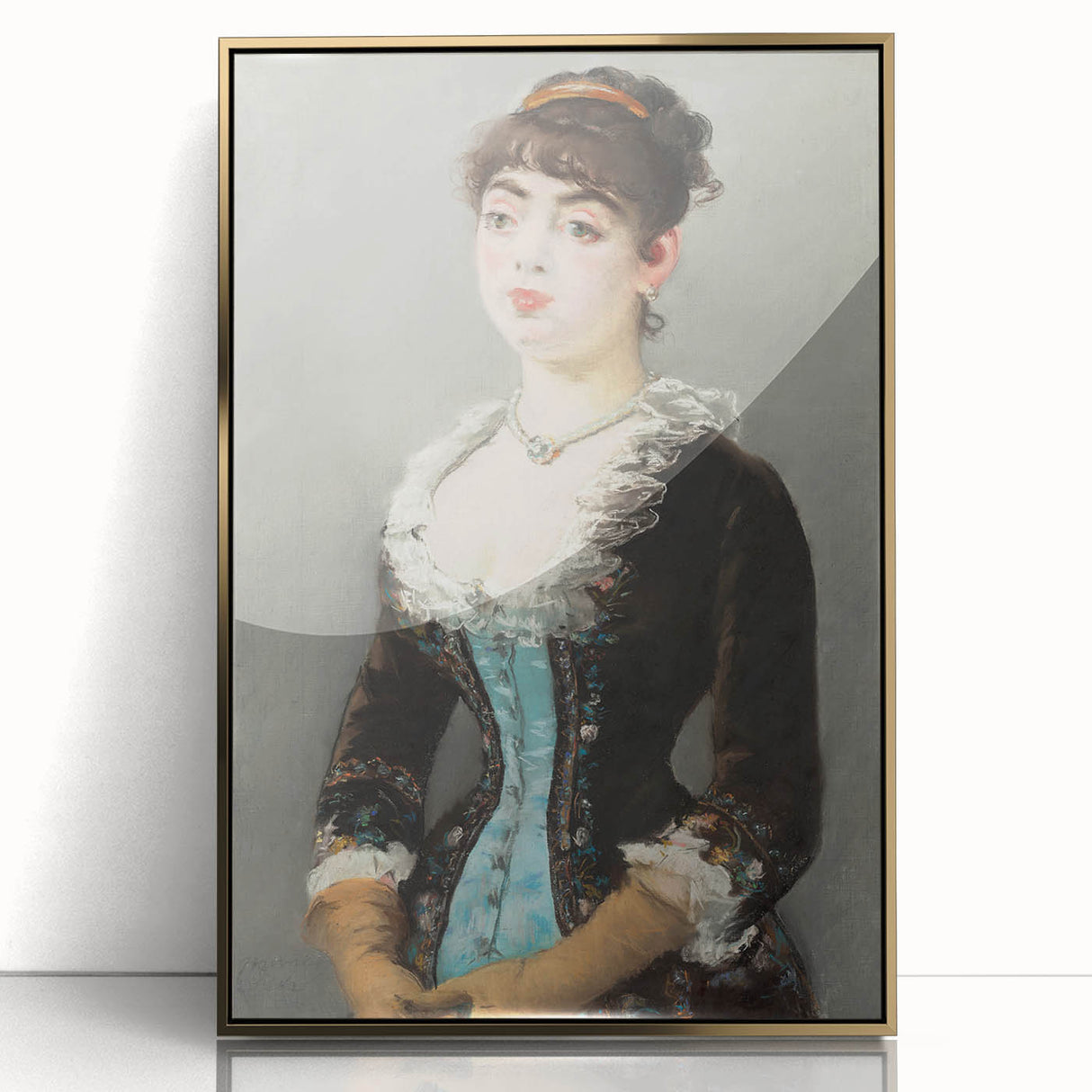 Large art print of an Edouard Manet painting in a gold frame, featuring mid-century modernist style.