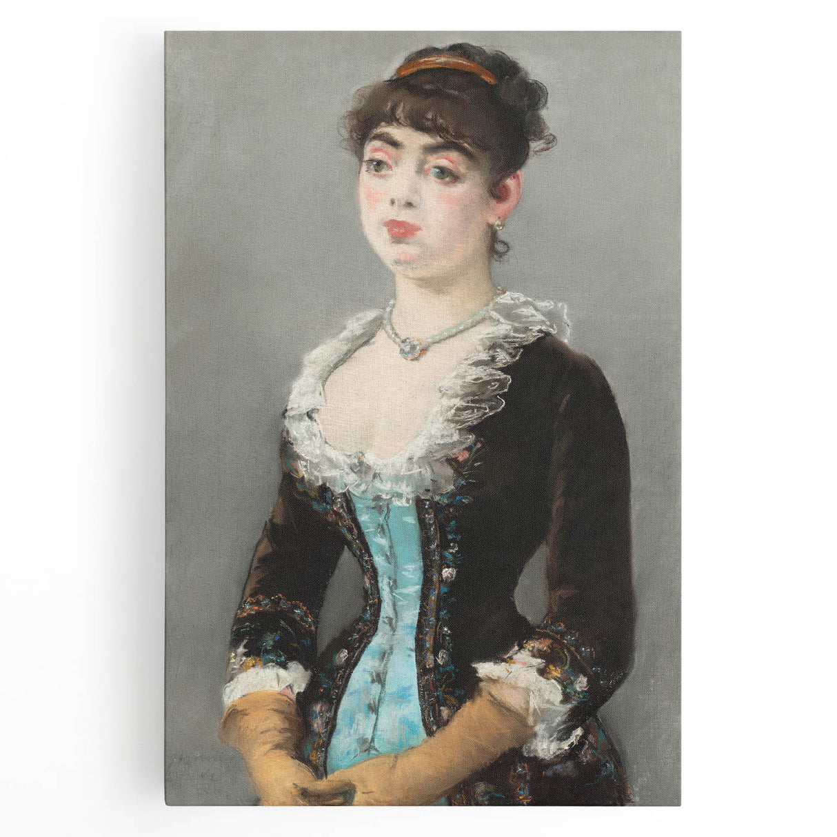 Large black and white print of Edouard Manet's artwork on stretched canvas, ideal for kitchen wall art.
