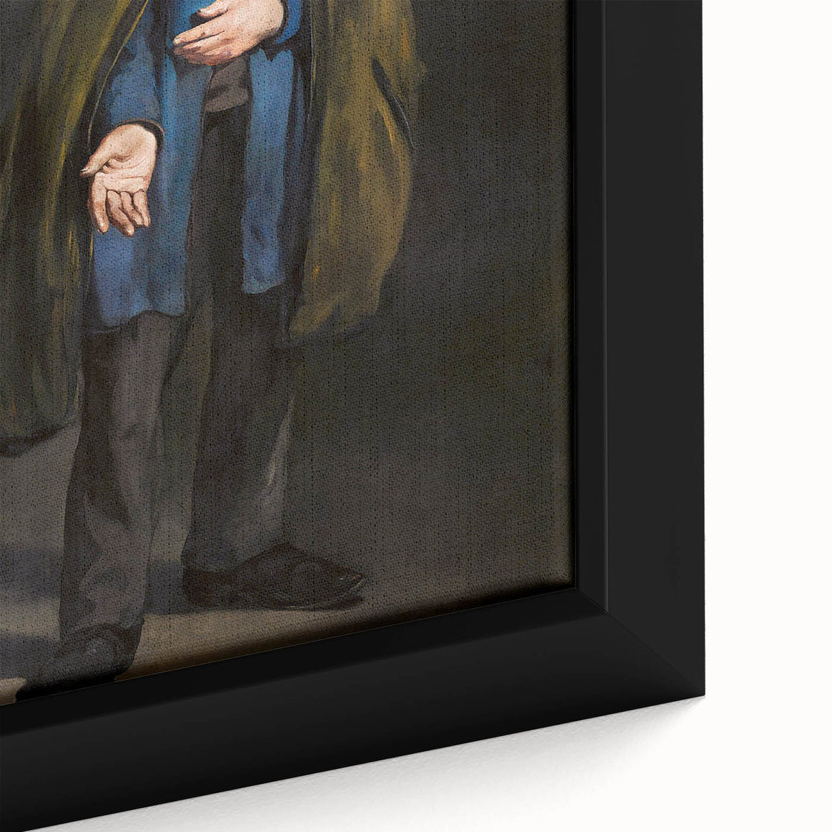 Close-up of a black framed canvas featuring Edouard Manet's impressionist painting with vibrant, textured brush strokes.