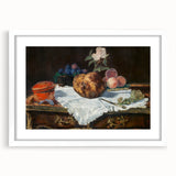Abstract art print of Edouard Manet's design in a white frame with mat, featuring muted earth tones.