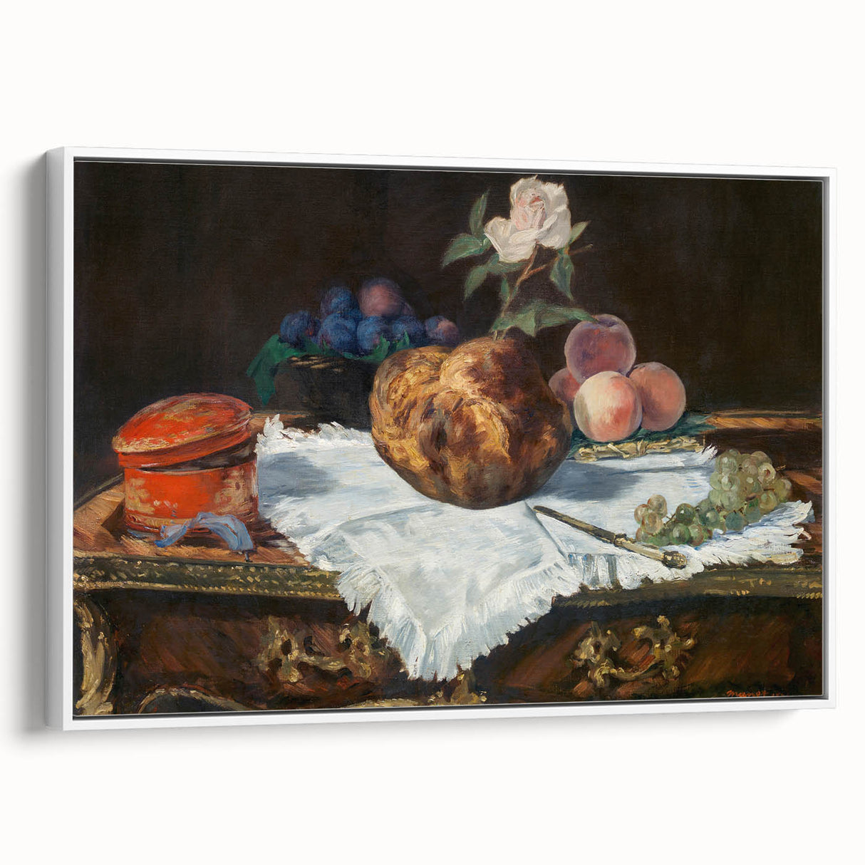 Vintage poster art of Edouard Manet’s painting on a white framed canvas, featuring vibrant colors.