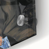 Mid-century modernist art of abstract design in muted earth tones on acrylic glass, suitable for dining room ambiance.