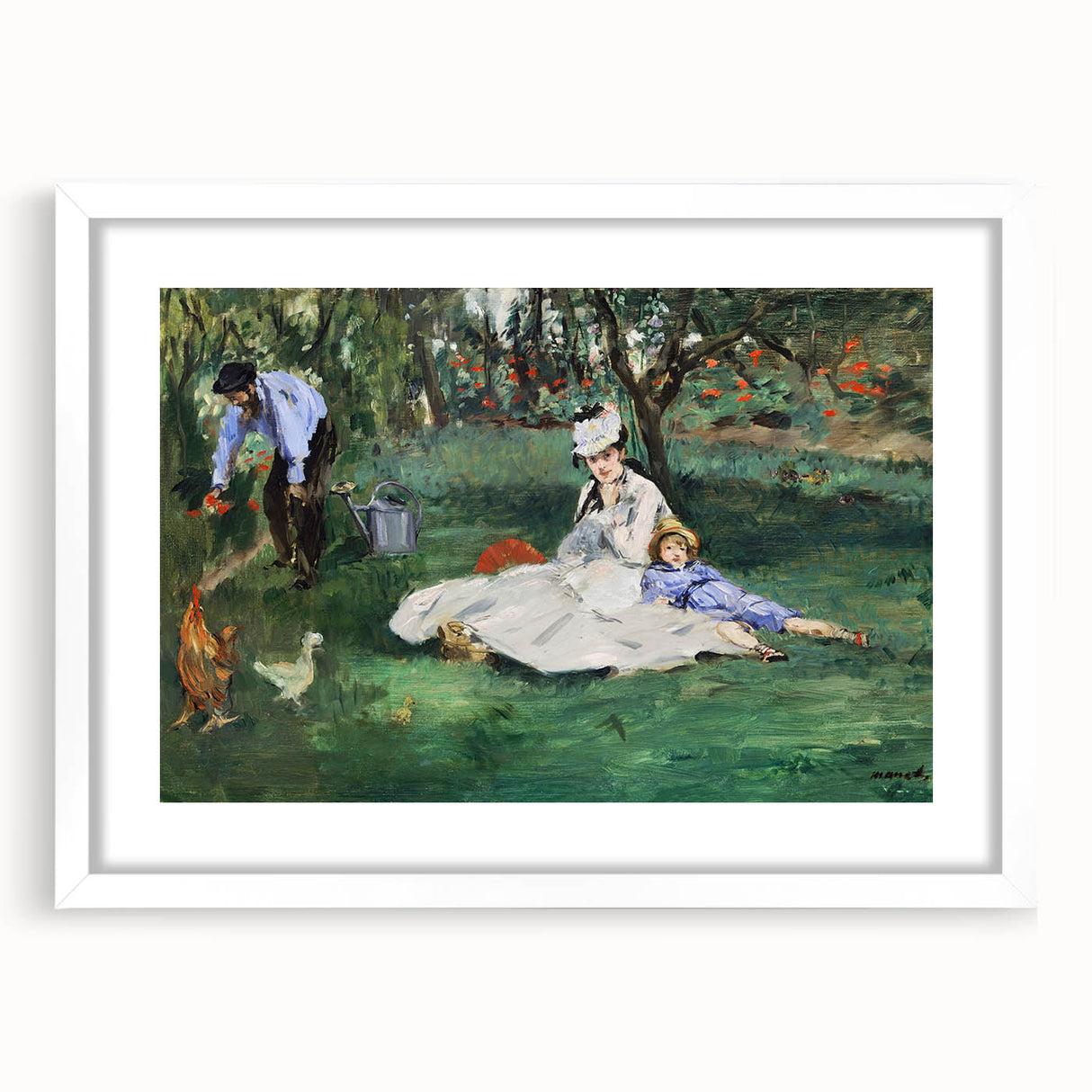 Abstract art print of a colorful landscape on a white framed canvas, ideal for dining room decor.