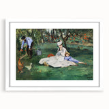 Abstract art print of a colorful landscape on a white framed canvas, ideal for dining room decor.