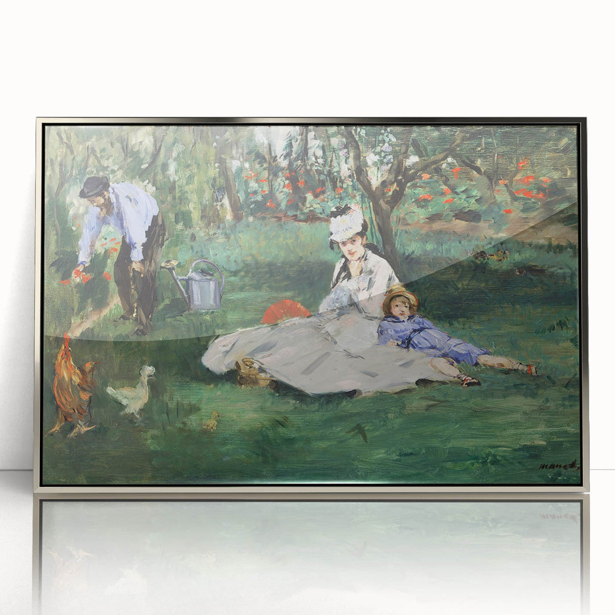 Mid-century modernist art depicting Edouard Manet's works, with muted colors on a silver-framed acrylic.