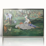 Mid-century modernist art depicting Edouard Manet's works, with muted colors on a silver-framed acrylic.