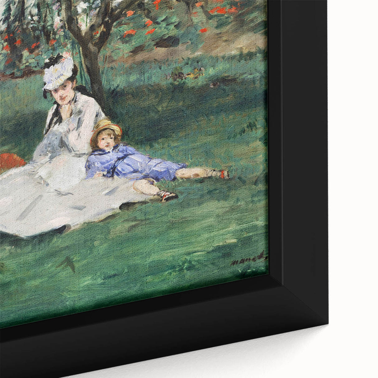 Close-up of a black framed canvas featuring a textured, colorful impressionist painting.
