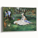 Framed canvas of Edouard Manet's landscape art painting featuring colorful vintage poster art style on black background.