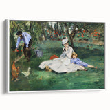 Vintage poster art of Edouard Manet's work in a white frame, featuring muted colorful art on canvas.
