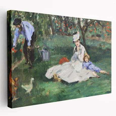 Side view of a stretched canvas featuring Edouard Manet's impressionist painting, ideal for kitchen wall art.