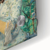 Mid-century modernist style acrylic print of an abstract design in muted earth tones, ideal for dining room art.