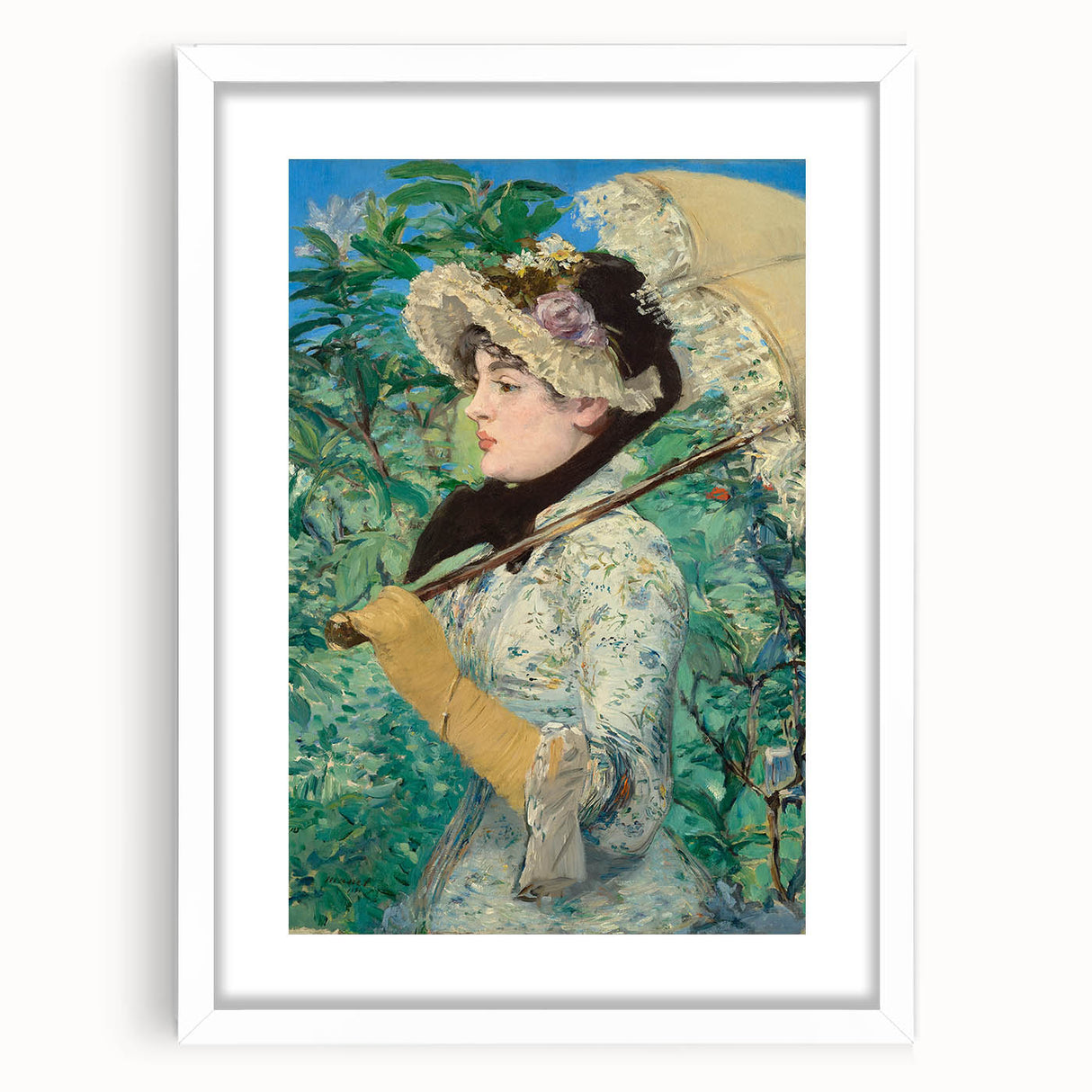 Abstract art print of a colorful Manet painting in a white frame, suitable for dining room decor.