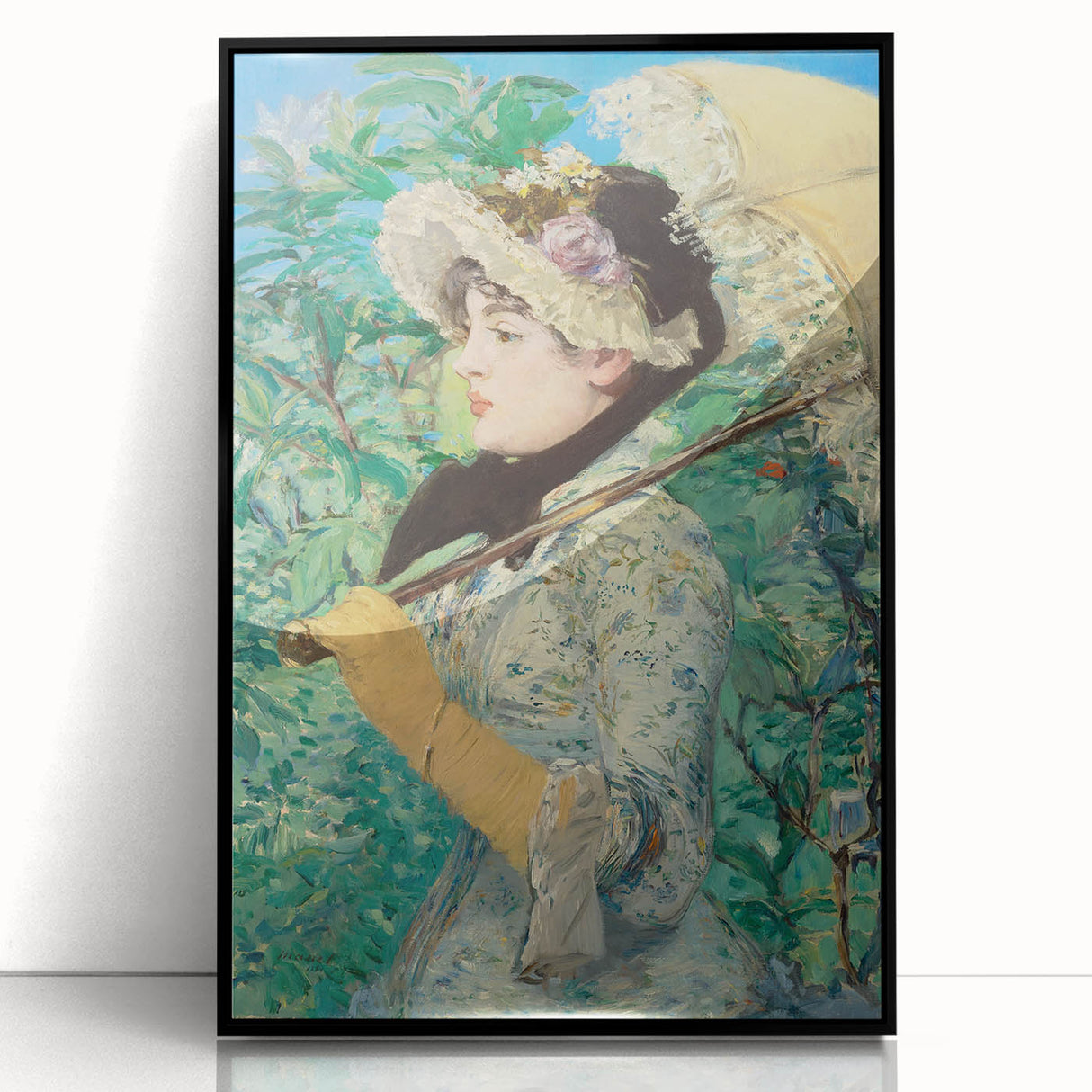 Large abstract wall art featuring a mid-century modernist design in neutral and black tones on a framed acrylic panel.