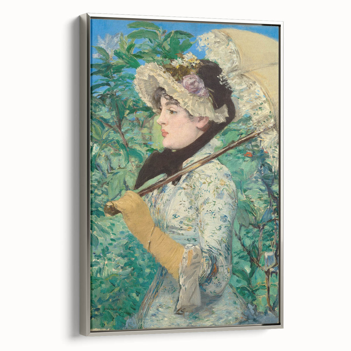 Landscape art painting by Édouard Manet, featuring a muted color palette on a silver-framed canvas.