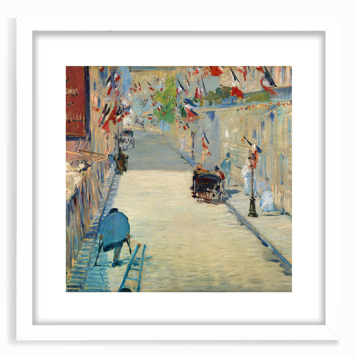 Abstract art print of Edouard Manet's work in white frame, featuring muted colors, ideal for bedroom or dining room decor.
