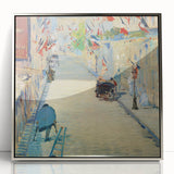 Mid-century modernist art featuring a Manet design in muted colors, silver-framed acrylic, ideal for nursery wall art.