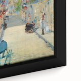 Close-up of a framed canvas featuring Edouard Manet's textured black wall art with colorful accents, ideal for a living room.