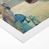 Art deco poster featuring a vibrant café scene in muted earth tones on a rolled canvas, suitable for dining room decor.