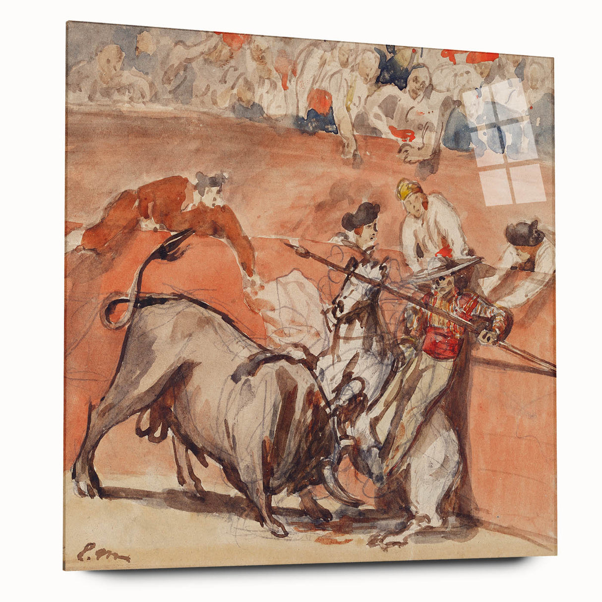 Side view of an Edouard Manet-inspired acrylic glass print depicting a large abstract design.
