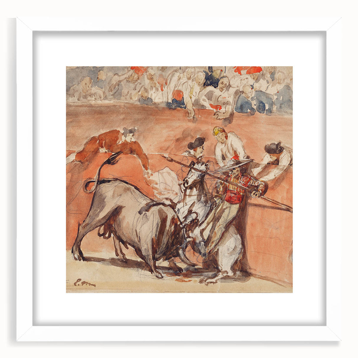 Abstract art print of Edouard Manet's work in white frame, featuring muted blue and gray tones, ideal for dining room decor.