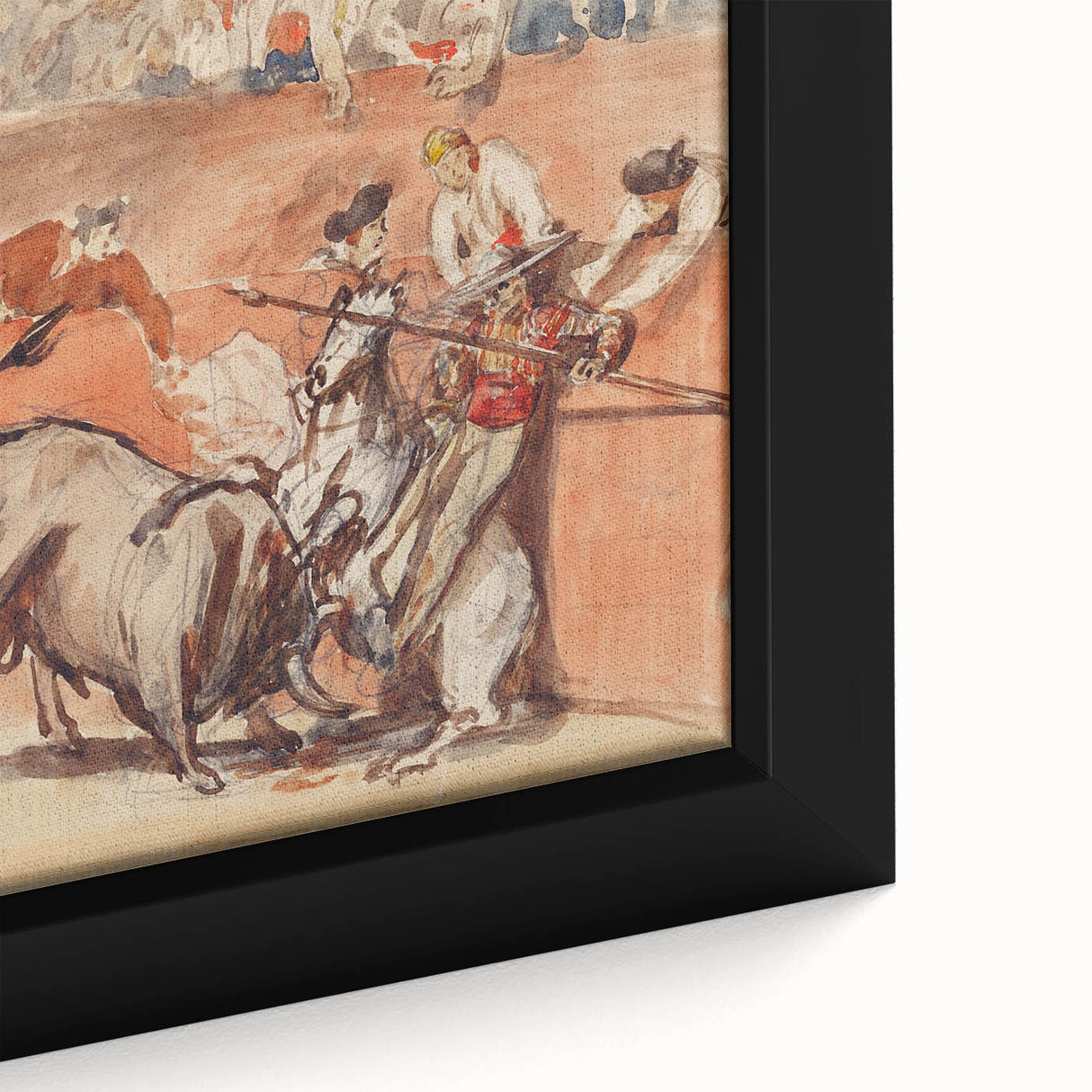 Close-up of a textured Edouard Manet painting reproduction on black framed canvas, featuring a colorful abstract design.