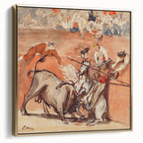 Vintage poster-style landscape painting on a framed canvas, featuring a serene riverside scene in muted earth tones.