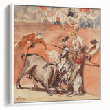 Vintage poster art of Edouard Manet's painting in a white frame, featuring vibrant colors on black background.